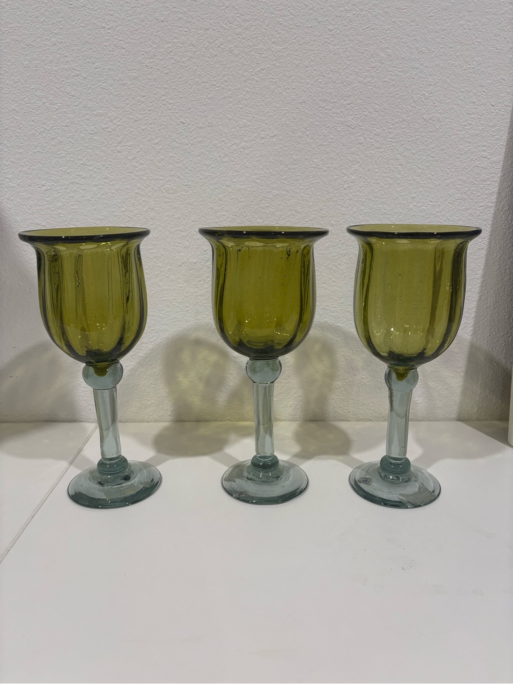 Set of 3 Olive Green hand blown Stemmed Goblets